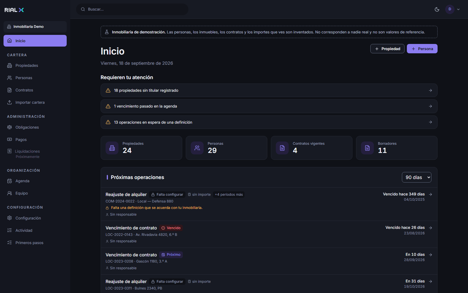 Panel de RialX con vencimientos, obligaciones y pagos recientes