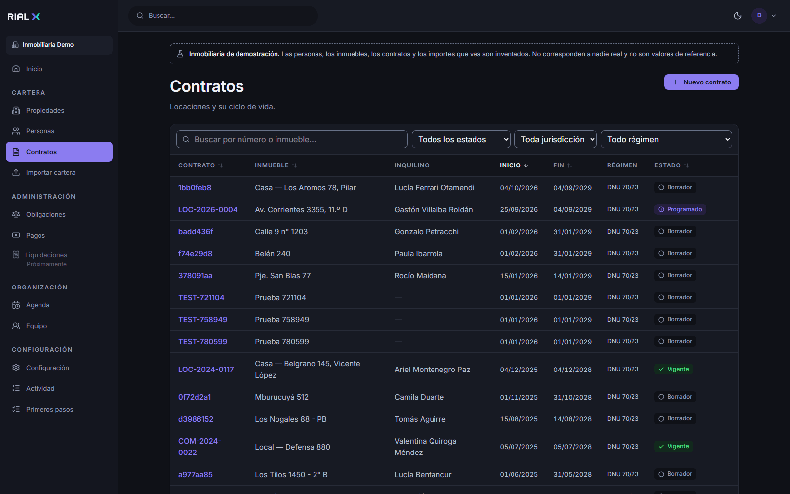 Listado de contratos de RialX con importes y estados